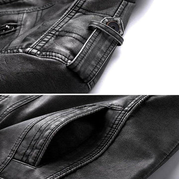 Men's Leather Jacket with Stand Collar and Zippered Chest Pocket