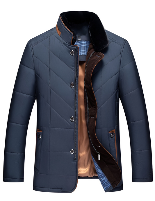 Men's Quilted Winter Jacket with Button and Zip Closure