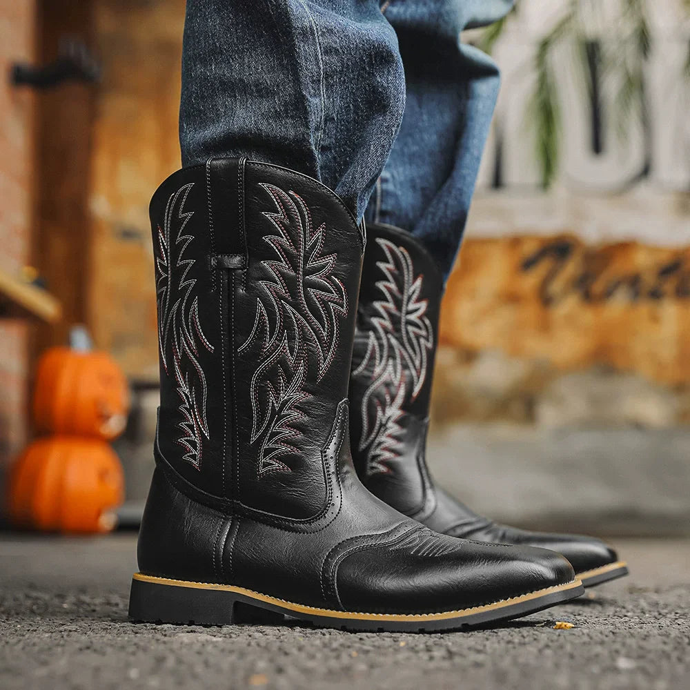 Men’s Western Cowboy Boots Embroidered Mid-Calf Classic Square Toe